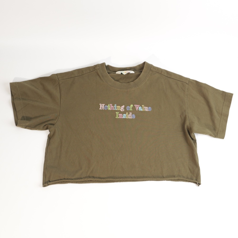 Teddy Fresh Nothing of Value Inside Crop Top Olive Green Pastel Rainbow Small